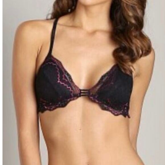 Eberjey Black Lace Bralette Hot Pink Detail Size Large - Picture 1 of 8